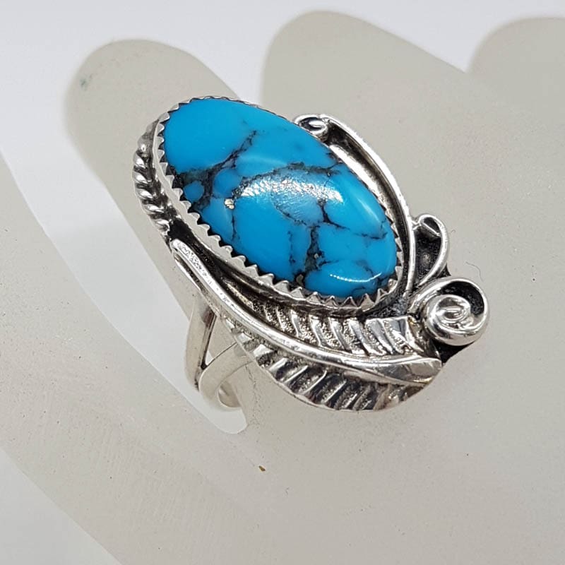 Sterling Silver Natural Turquoise Native American Ornate Leaf Design Ring - Vintage