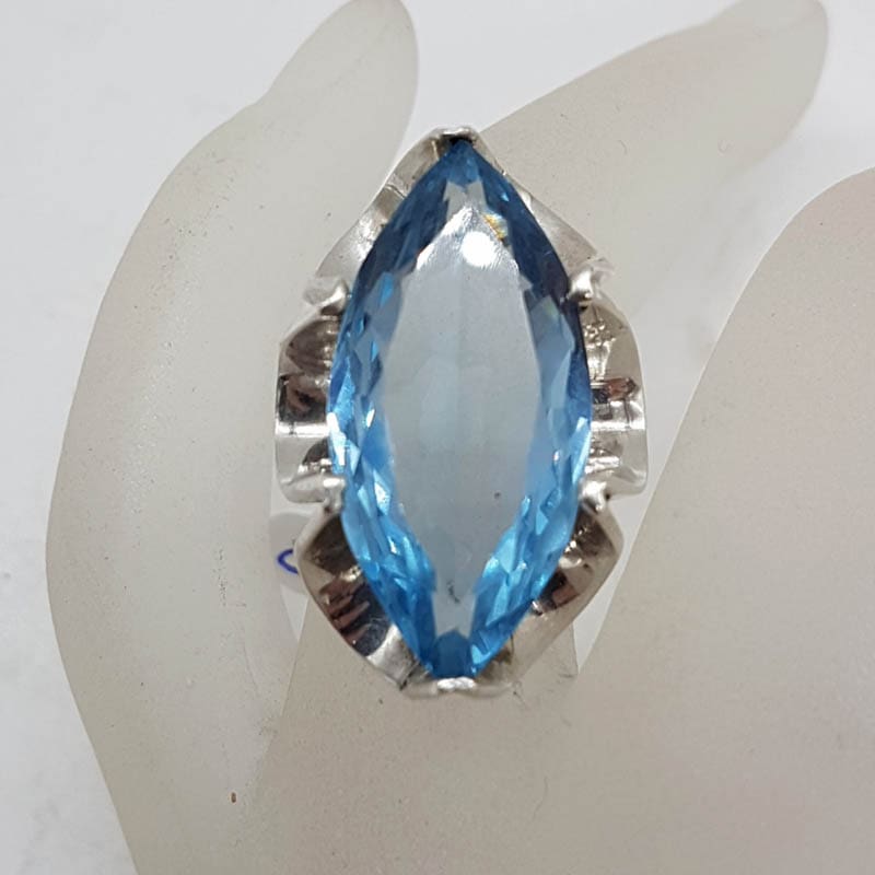 Sterling Silver Blue Paste Very Large Marquis Shape Ring - Vintage