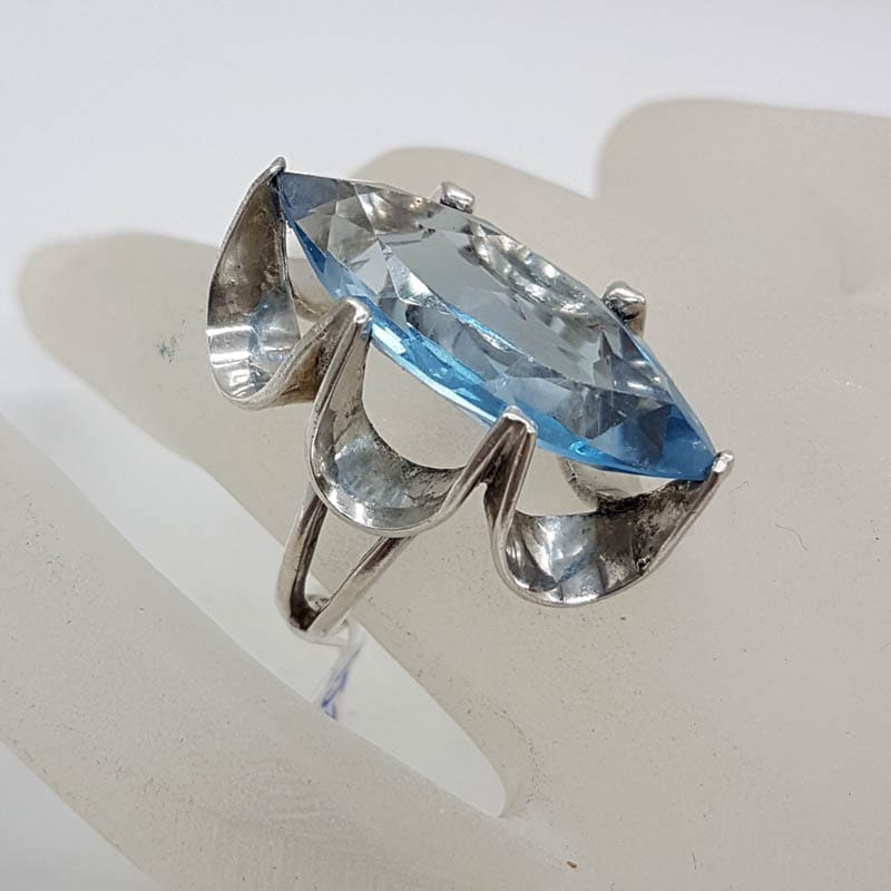 Sterling Silver Blue Paste Very Large Marquis Shape Ring - Vintage