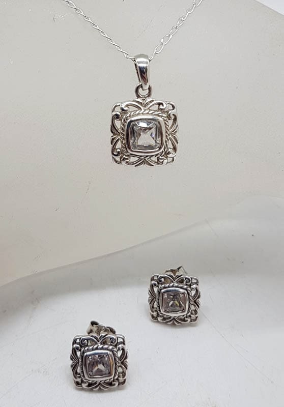 Sterling Silver Square Cubic Zirconia Filigree Pendant on Silver Chain with Matching Studs Earrings
