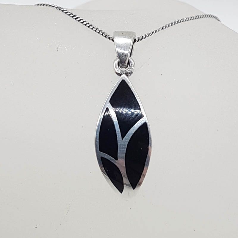 Sterling Silver Black Enamel Leaf Pendant on Silver Chain