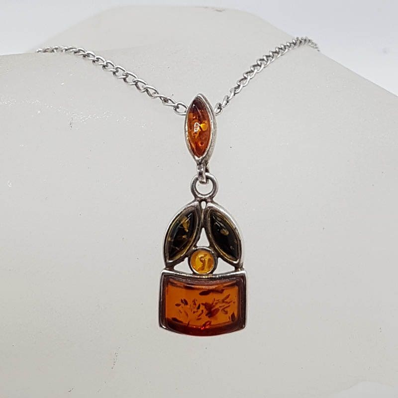 Sterling Silver Multi-Coloured Natural Amber Pendant on Silver Chain