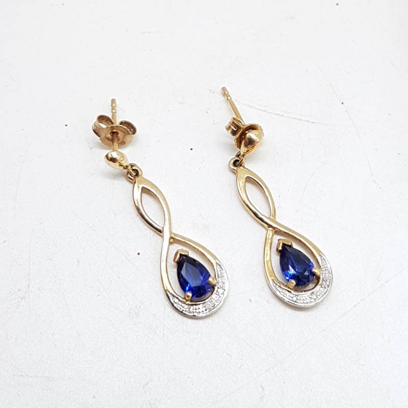9ct Yellow Gold Created Sapphire with Diamond Teardrop Shape Pendant on Gold Chain with Matching Earrings - Set 9ct Yellow Gold Created Sapphire with Diamond Teardrop Shape Pendant on Gold Chain with Matching Earrings - Set