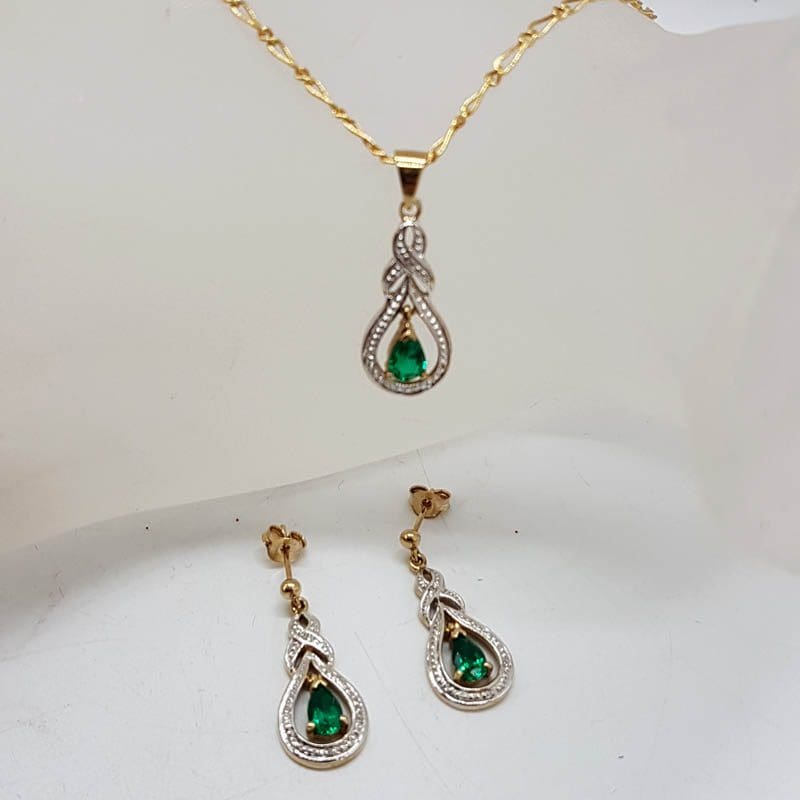 9ct Yellow Gold Created Emerald with Diamond Teardrop Shape Pendant on Gold Chain with Matching Earrings - Set