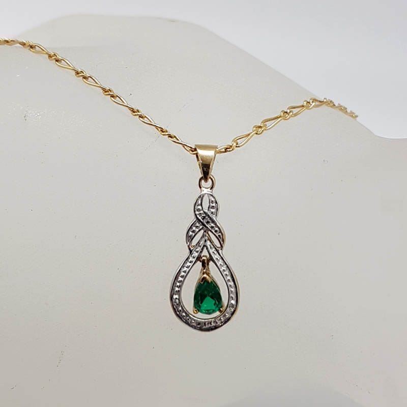 9ct Yellow Gold Created Emerald with Diamond Teardrop Shape Pendant on Gold Chain with Matching Earrings - Set