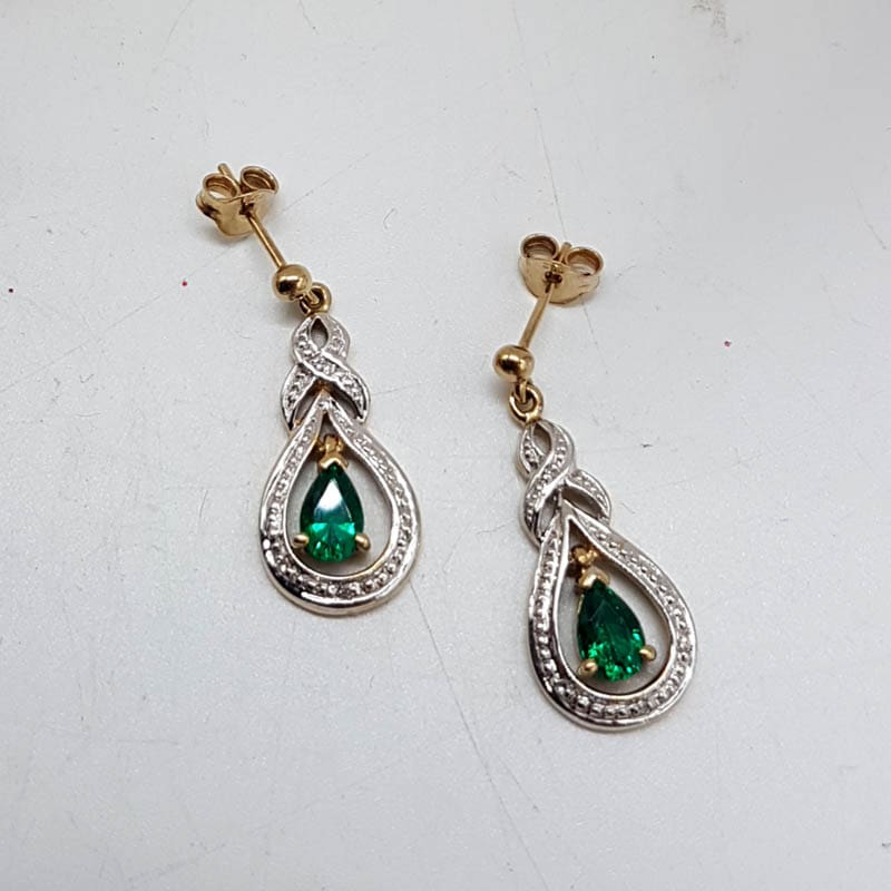 9ct Yellow Gold Created Emerald with Diamond Teardrop Shape Pendant on Gold Chain with Matching Earrings - Set