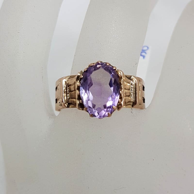 9ct Yellow Gold Oval Amethyst Wide Band Ornate Ring - Antique / Vintage