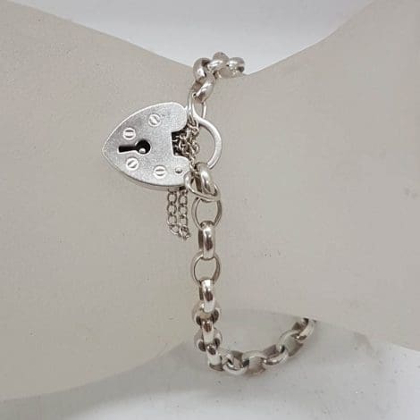 Sterling Silver Belcher Link Heart Padlock Bracelet - Vintage