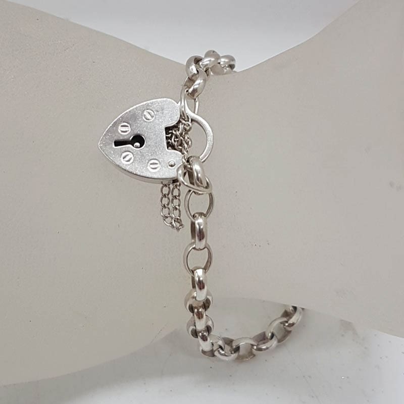 Sterling Silver Belcher Link Heart Padlock Bracelet - Vintage