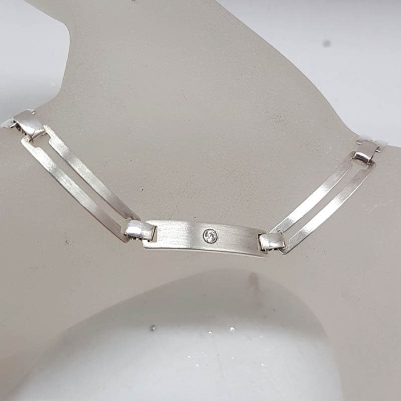 Sterling Silver Rectangular Elongated Link with Cubic Zirconia Chain / Necklace