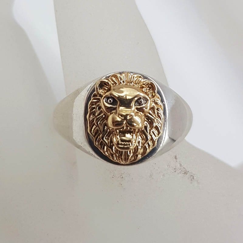 Sterling Silver and 9ct Yellow Gold Lions Head Gents Ring - Leo / Big Cat