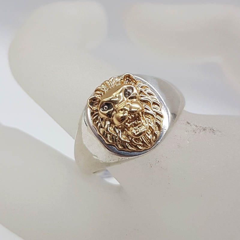 Sterling Silver and 9ct Yellow Gold Lions Head Gents Ring - Leo / Big Cat