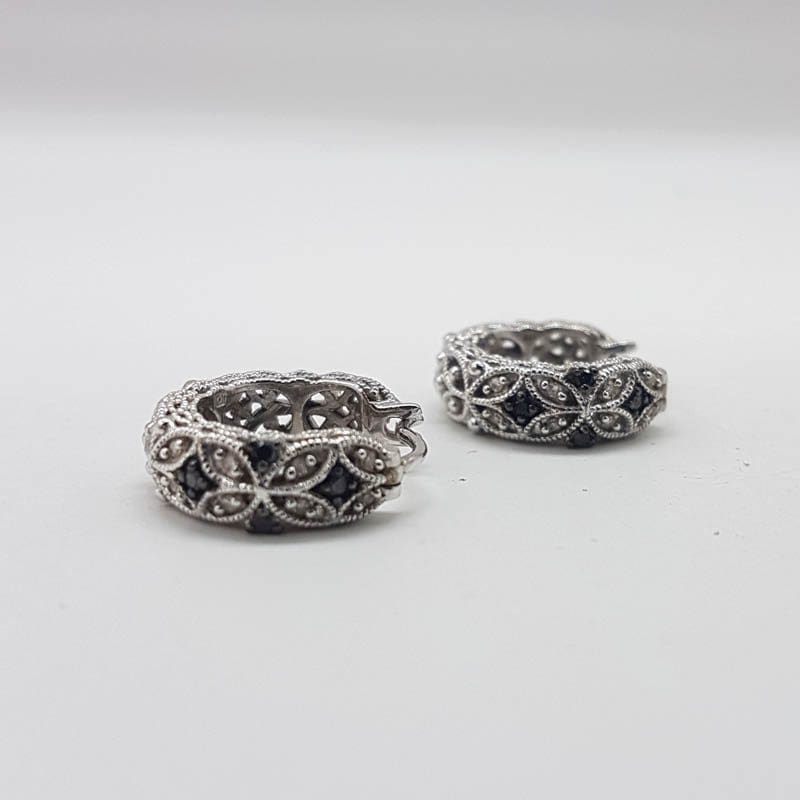 Sterling Silver Black and Clear Diamond Ornate Hoops Earrings