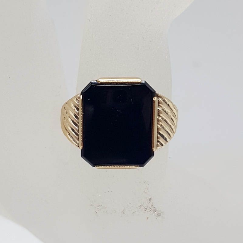 9ct Yellow Gold Large Onyx Rectangular Shaped Signet Ring - Gents Ring / Ladies Ring - Antique / Vintage