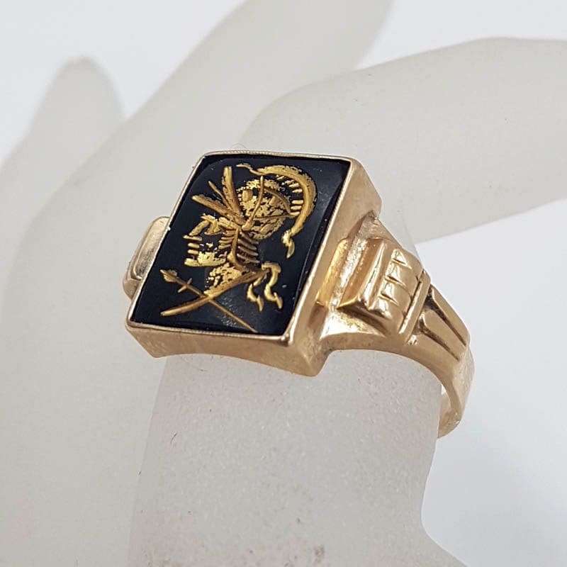 9ct Yellow Gold Large Onyx Intaglio Carved Roman Head Rectangular Shaped Ring - Gents Ring / Ladies Ring - Antique / Vintage