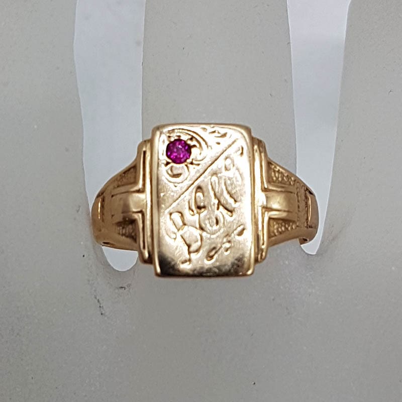 9ct Yellow Gold Rectangular with Red Monogrammed Signet Ring - Gents Ring / Ladies Ring - Antique / Vintage