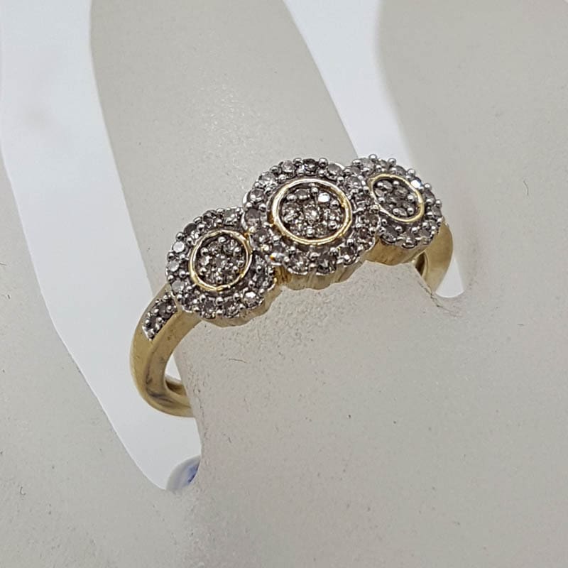 9ct Yellow Gold Three Round Daisy Clusters Diamond Trilogy Ring - Large Size