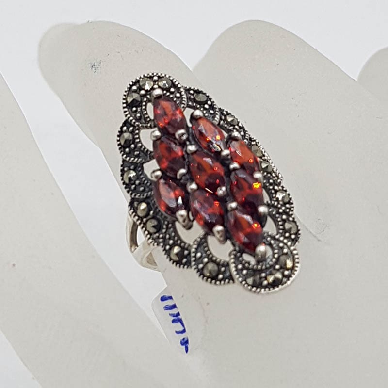 Sterling Silver Marcasite and Garnet Large Marquis Shaped Cluster Ring