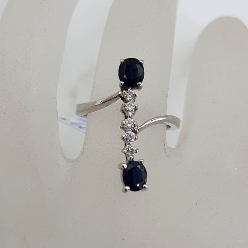 18ct White Gold Elongated Natural Sapphire and Diamond Long Stunning Ring - Antique / Vintage