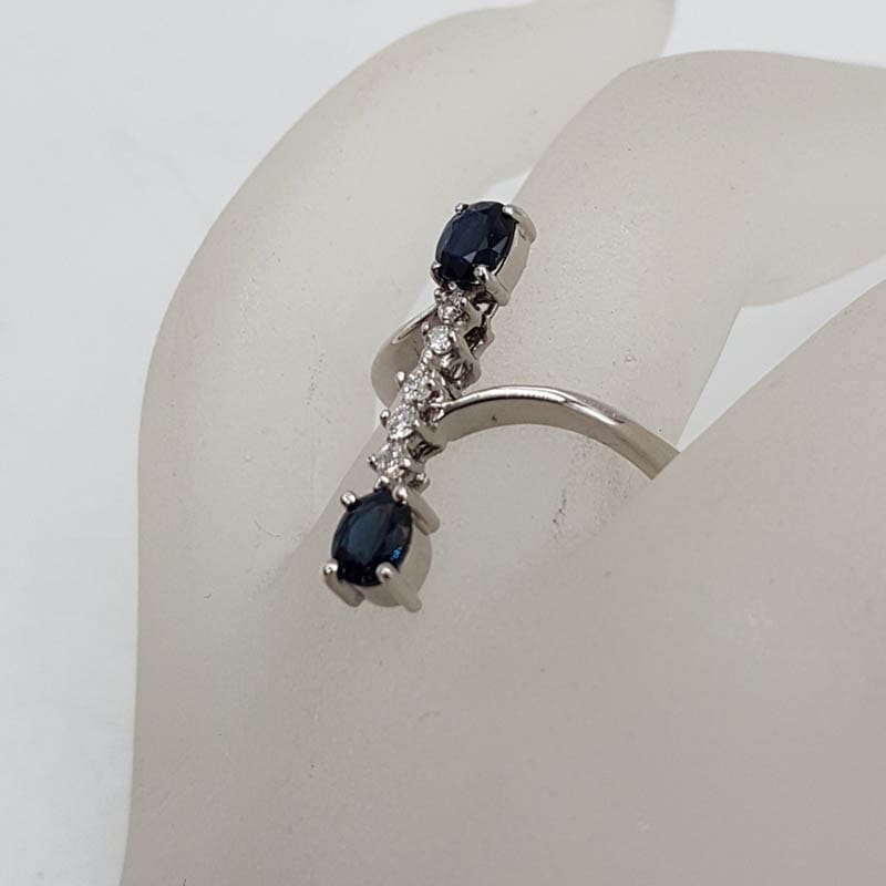 18ct White Gold Elongated Natural Sapphire and Diamond Long Stunning Ring - Antique / Vintage