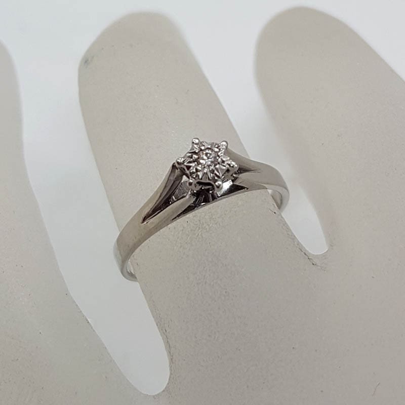 18ct White Gold Star Top Diamond Solitaire High Set Ring - Antique / Vintage Ring - Engagement Ring