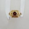 18ct Yellow Gold Round Garnet in Square Ornate Design Ring - Antique / Vintage