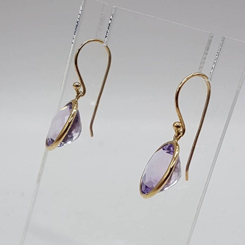 9ct Yellow Gold Lavender Amethyst Bezel Set Drop Earrings