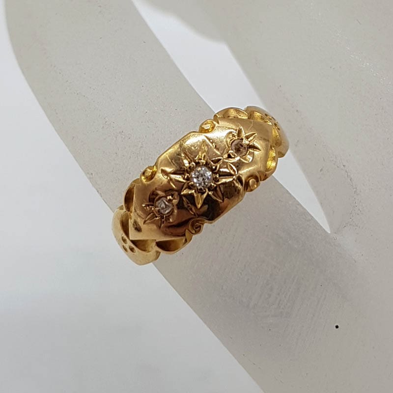 18ct Yellow Gold Trilogy Diamond Ornate Hallmarked Gypsy Ring - Antique / Vintage