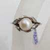 Sterling Silver Cultured Pearl Leaf Design Ring - Vintage