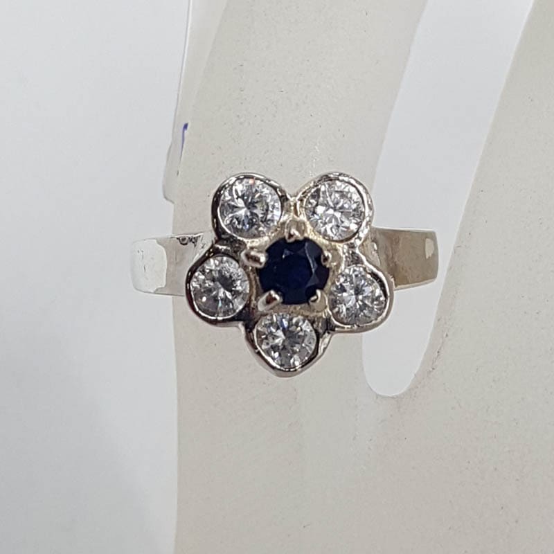Sterling Silver Cubic Zirconia Blue and Clear Flower Ring - Vintage