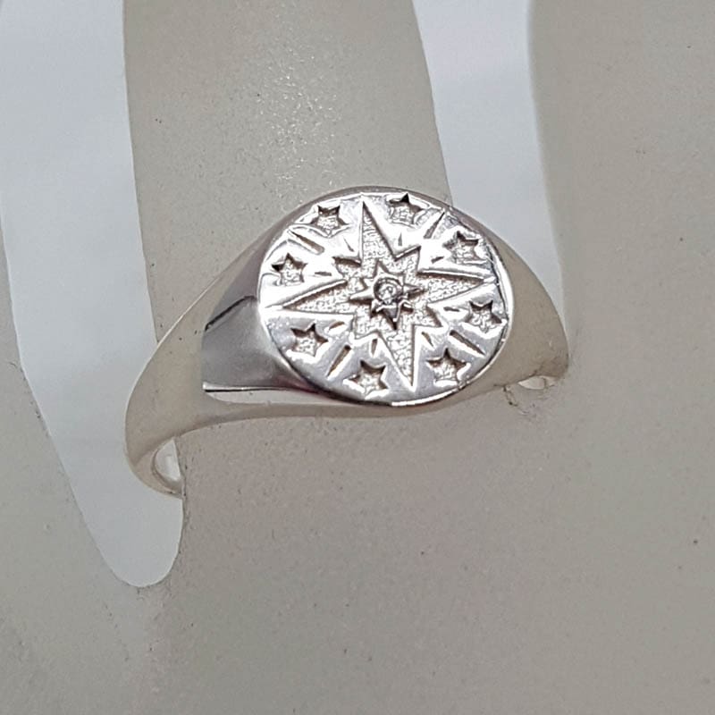 Sterling Silver Cubic Zirconia Round Star Design Signet Ring
