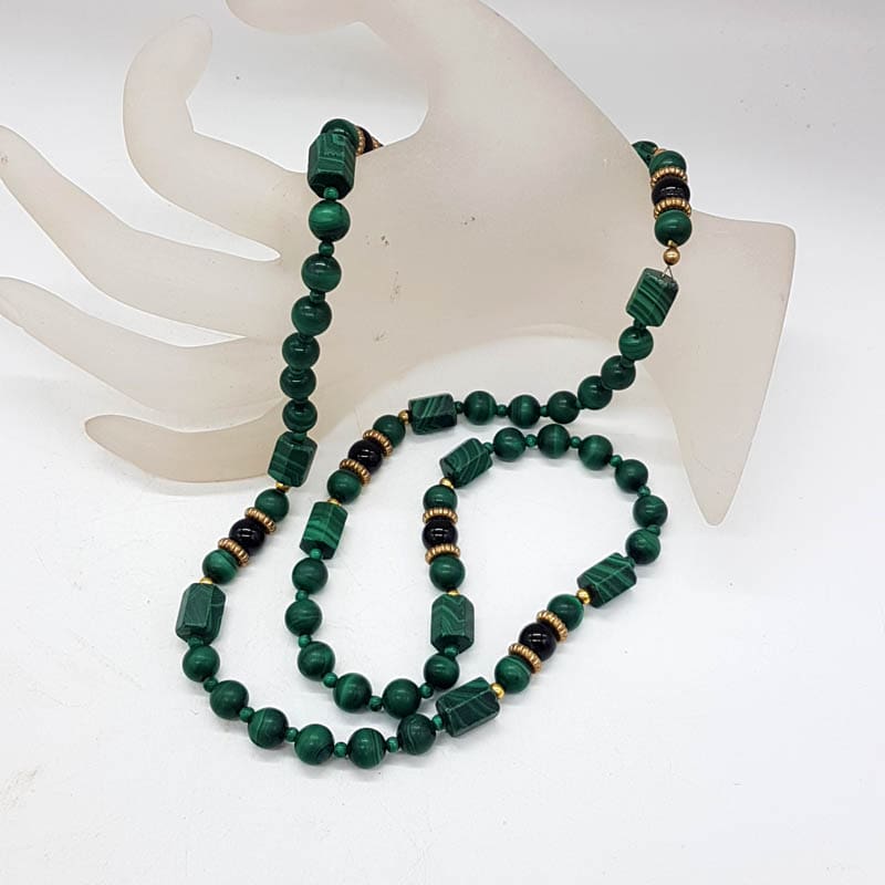 Long Malachite Bead Necklace with Barrel and Round Ball Shaped Beads