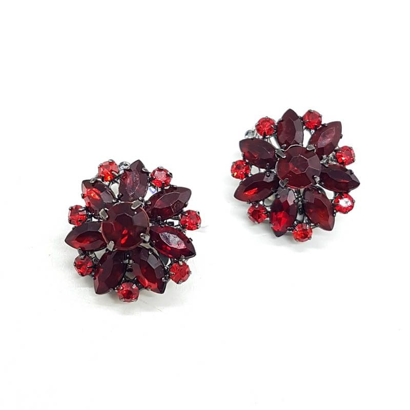 Plated Large Round Red Cluster Clip-On Earrings - Vintage Costume Jewellery