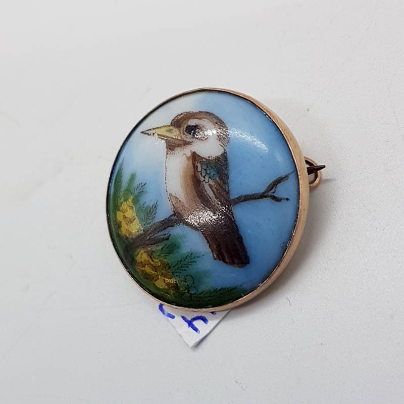 9ct Yellow Gold Round Hand Painted Kookaburra with Wattle Brooch - Antique / Vintage