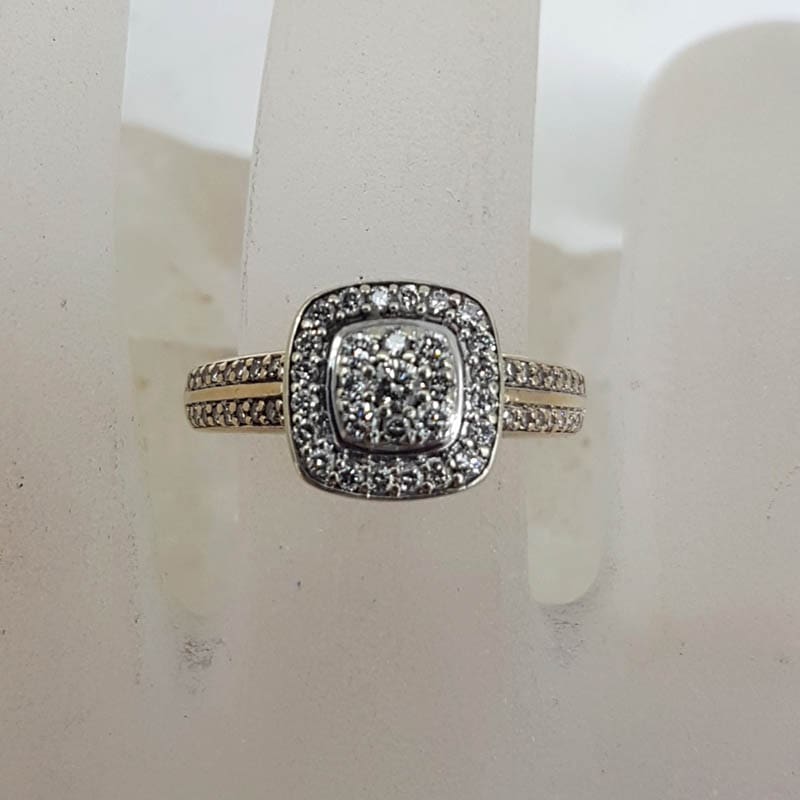 9ct Yellow Gold Square Diamond Cluster Ring with Diamonds along Shoulder - Engagement Ring / Dress Ring