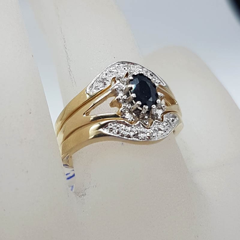9ct Yellow Gold Oval Natural Sapphire and Diamond Cluster Ring Engagement Ring Wedding Ring and Eternity Ring Three Piece Set