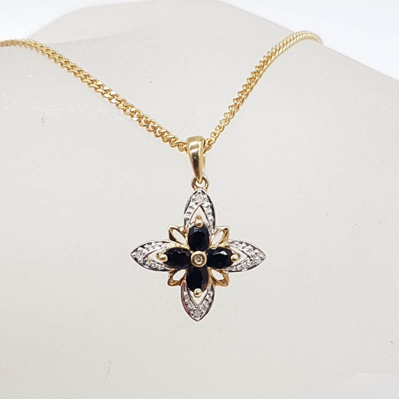 9ct Yellow Gold Onyx and Diamond Star / Cross Cluster Shaped Pendant on 9ct Yellow Gold Chain