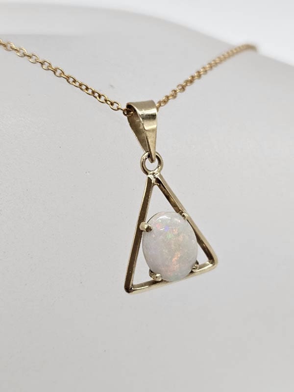 9ct Yellow Gold Solid White Opal Oval Stone in Leaf Shape Pendant on Gold Chain - Antique / Vintage