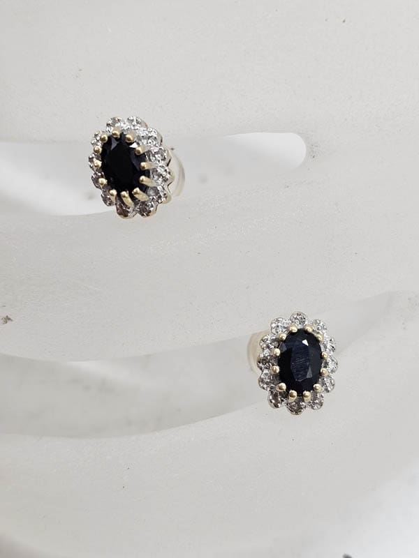 9ct Yellow Gold Oval Natural Sapphire and Diamond Studs Earrings