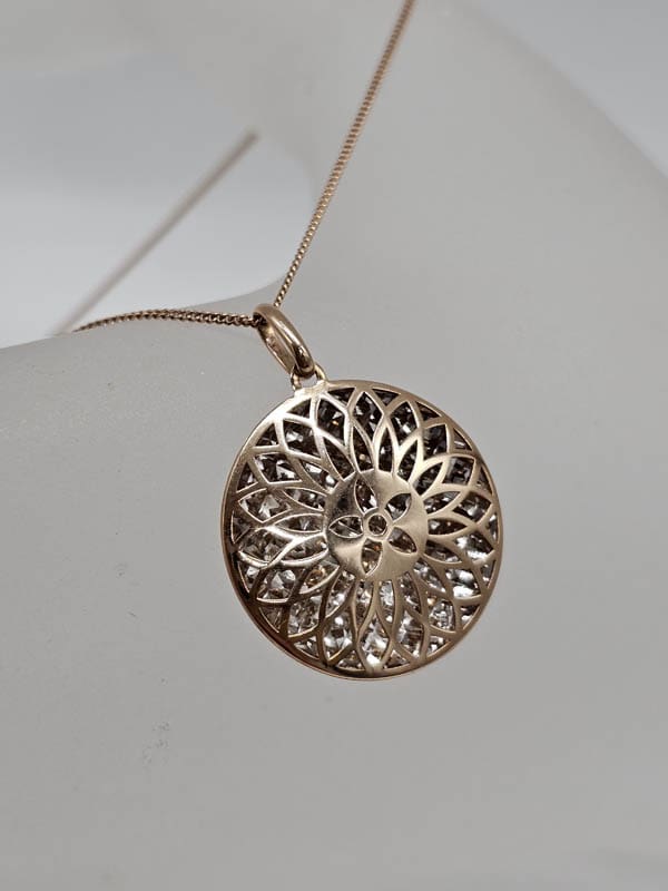 9ct Rose Gold and White Gold Ornate Open Design Round Disc Pendant on Gold Chain