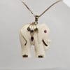 9ct Yellow Gold Carved Elephant with Stones Pendant on Gold Chain - Antique / Vintage