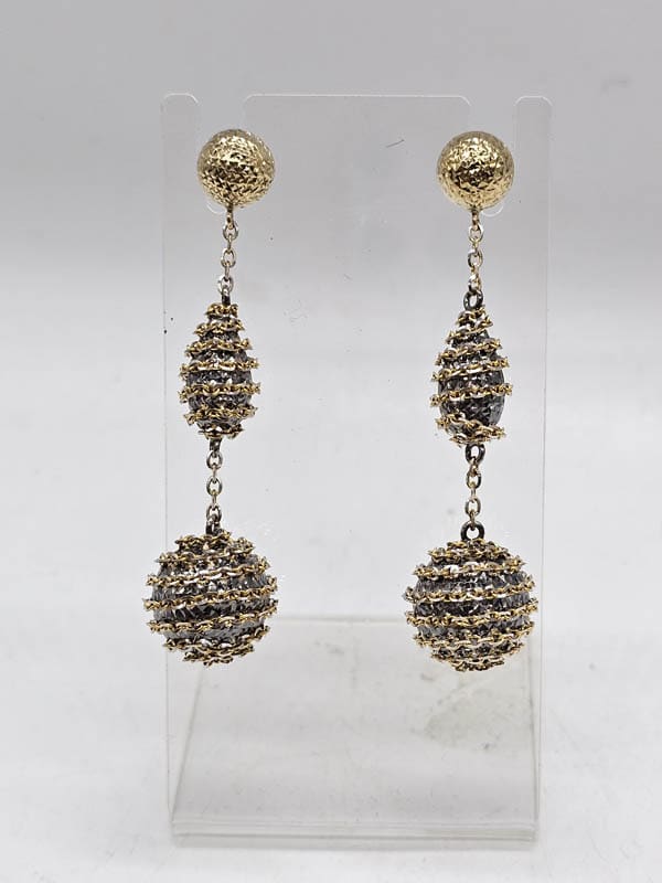 9ct Yellow Gold and White Gold Very Long Twisted Ball Drop Earrings