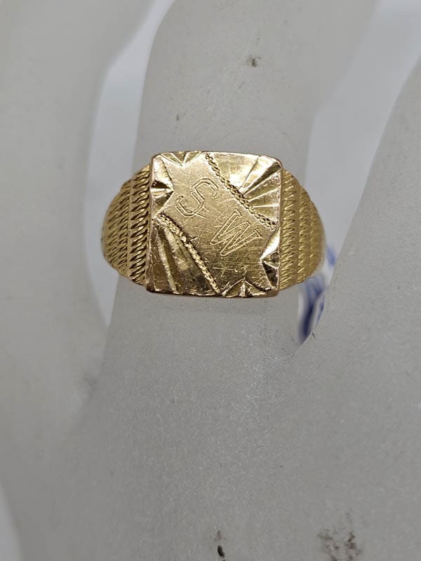22ct Yellow Gold Ornate Rectangular Signet Ring - Antique / Vintage