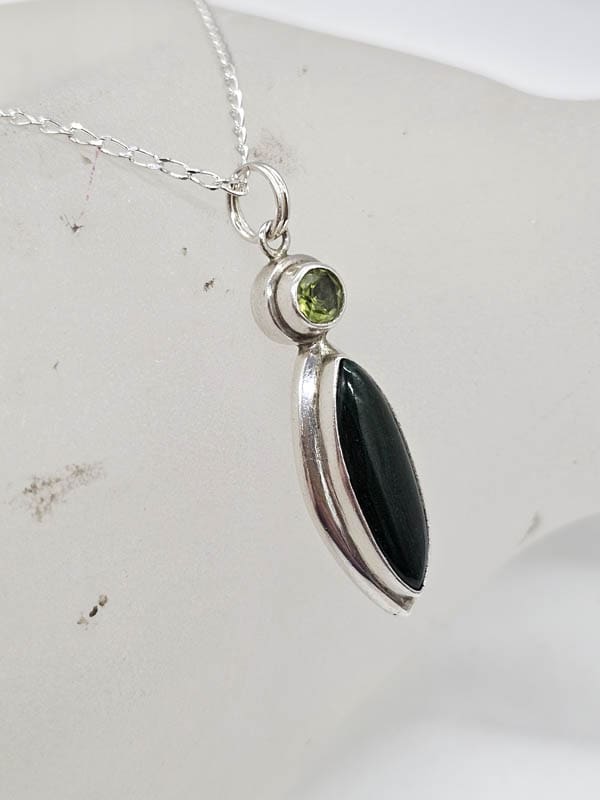 Sterling Silver Peridot and Onyx Elongated Pendant on Silver Chain