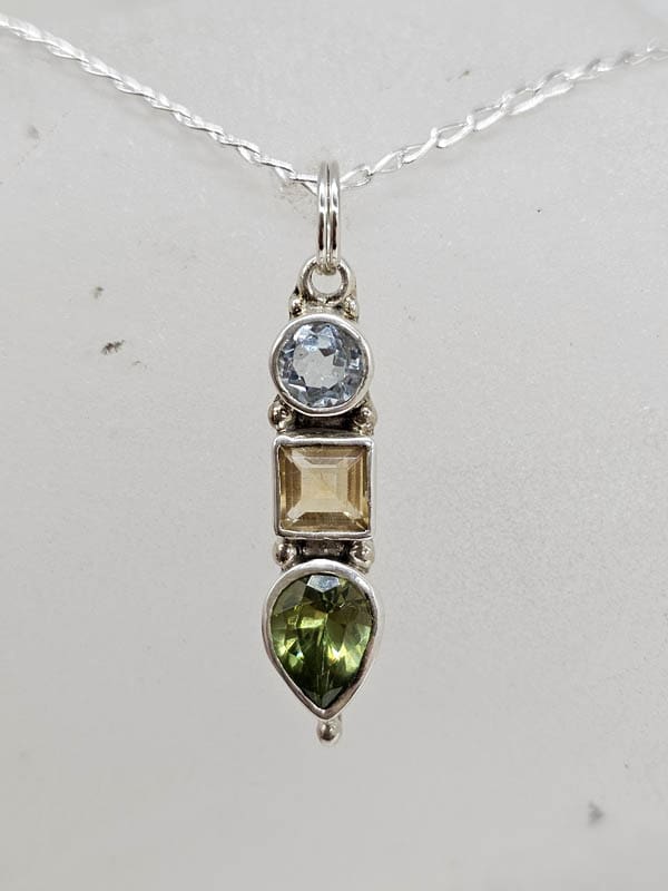 Sterling Silver Citrine, Topaz and Peridot Long Pendant on Silver Chain