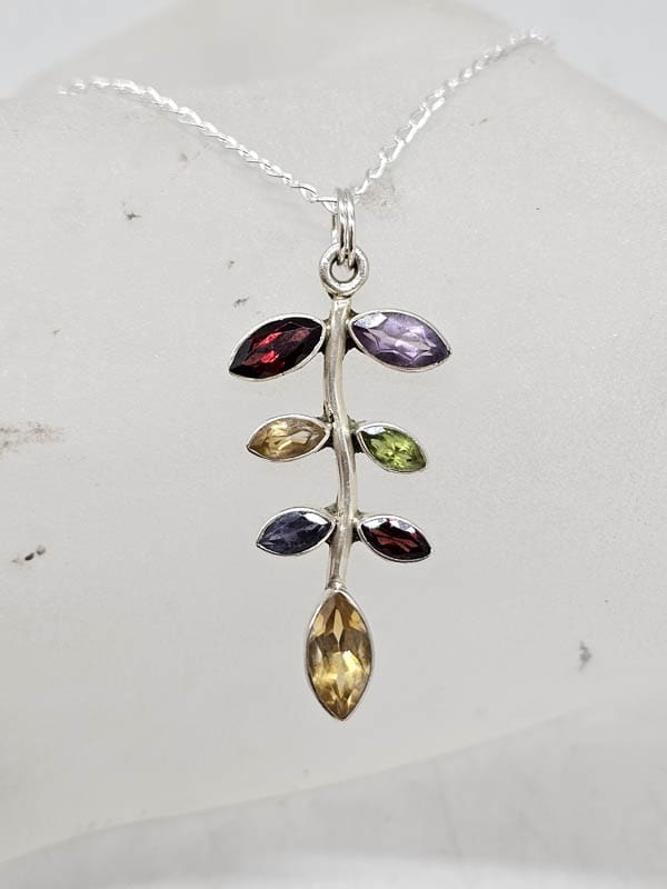 Sterling Silver Peridot, Citrine, Amethyst, Garnet and Iolite Multi-Coloured Gemstone Chakra Leaf Pendant on Silver Chain
