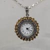 Sterling Silver Citrine and Marcasite Round Watch Pendant on Silver Chain