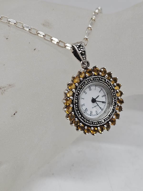 Sterling Silver Citrine and Marcasite Round Watch Pendant on Silver Chain