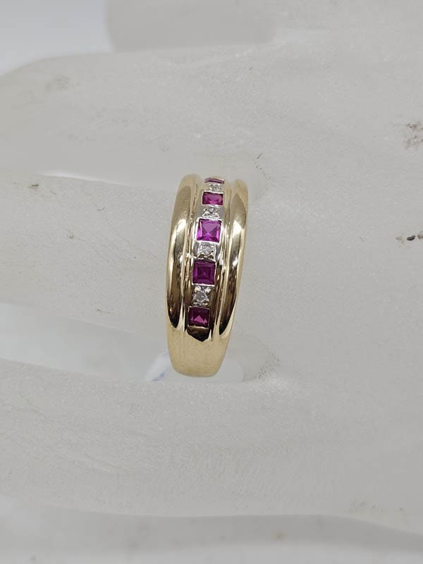 9ct Yellow Gold Natural Ruby and Diamond Ring - Wide Band Shape
