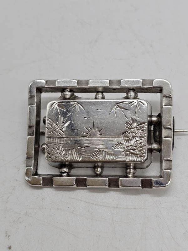 Sterling Silver Ornate Scenery Rectangular Brooch - Antique / Vintage